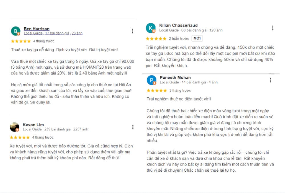 Du khách đánh giá tích cực về dịch vụ và mức giá tại cửa hàng thuê xe máy Anh Khoa